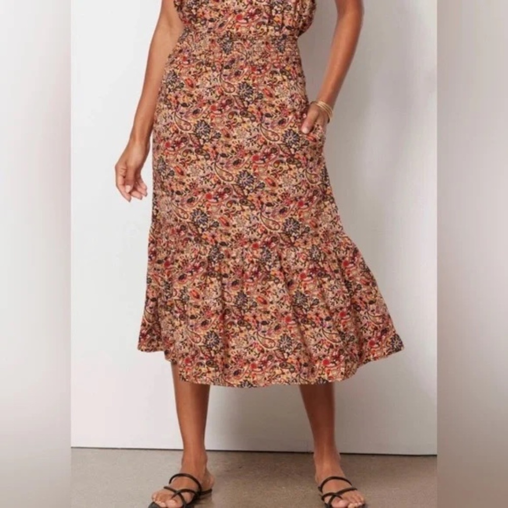 Evereve Olivia Paisley A-Line Midi Skirt Smocked Waist Tiered Multicolor XL